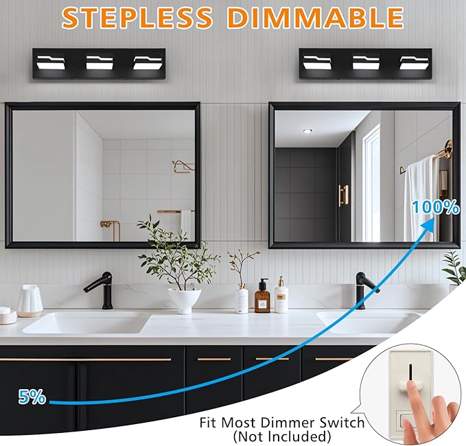 LED Modern Bathroom Vanity Light Fixtures 3-Light, 19 inch Dimmable Matte Black Vanity Lights for Bathroom Lighting Fixtures Over Mirror, with 350°Rotatable Acrylic Heads(White Light 5500K)