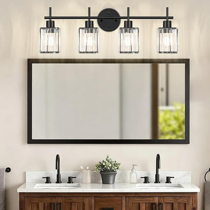 Black Bathroom Light Fixtures, Square, 4-Light | Vanity Lights with Crystal Shades, Modern Bathroom Lighting Fixtures over Mirror (Bulbs Not Included, E26)