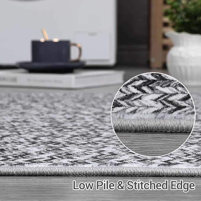 Washable Runner 2x6 for Hallways - Print Braided Non-Slip Bath Mat, Modern Soft Bedroom Rug, Farmhouse Throw, Kitchen, Entryway Stain Resistant Carpet - 2'x6' Light Grey