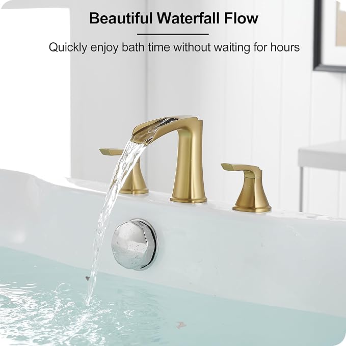 Brass Waterfall Tub Faucet, 3 Hole Brushed Gold Bathtub Faucet Set, 6-16 Inch Widespread Deck Mount with 2 Handle & cUPC Supply Water Hoses for Roman Style, 20 Mins Quick Installation