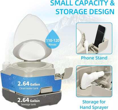 YITAHOME Portable Toilet 2.64 Gal Camping Porta Potty with Diagonal | Hand Sprayer and Press Flush Pump, Space Saving Indoor Outdoor Toilet for Adults, RV Travel, Boat and Trips