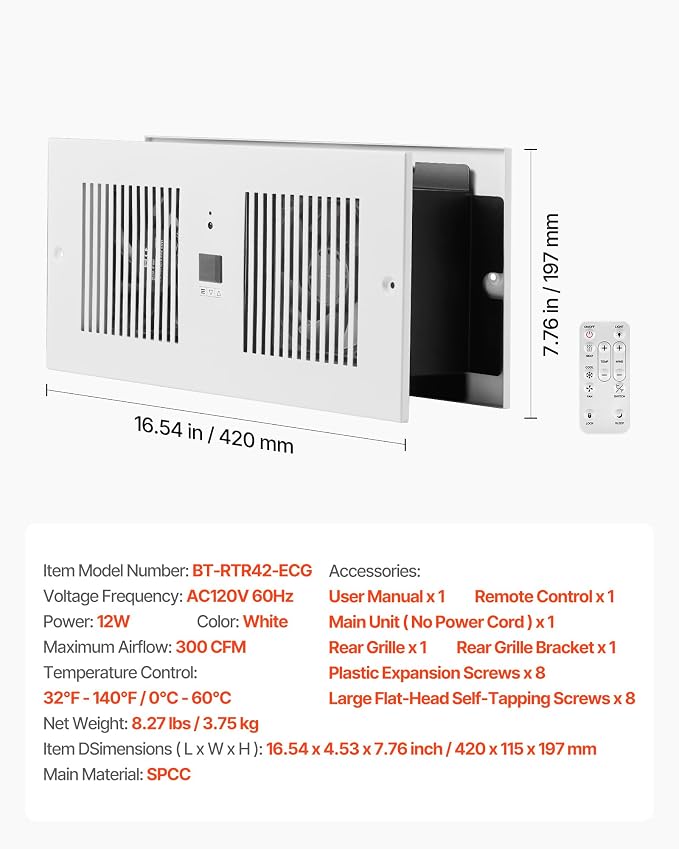 VEVOR Room to Room Fan, Intake & Exhaust Dual Airflow Through-the-Wall Fan with Remote & Temperature Control, 300 CFM 10-Speed Ventilation Quiet In-Wall Vent for Living, Laundry Room Indoor