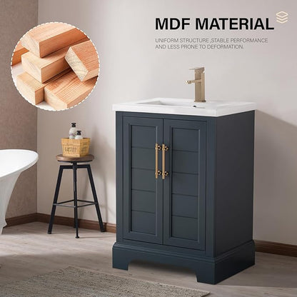 HOMEBEYOND 24 Inch Bathroom Vanity with Single Sink & Ceramic Top, Vanity Cabinet with Center Countertop Basin, Soft-Closing Doors, Vintage Spruce Blue