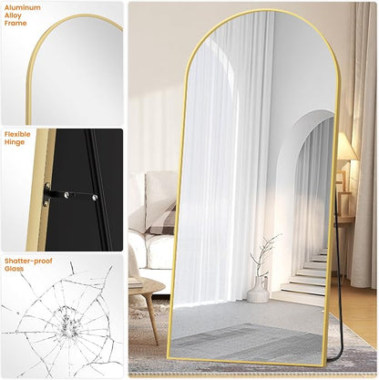 Arched Full Length Mirror, 75"x35" Standing Body Mirror for Wall, Gold | Built-in Stand, HD Shatterproof Glass, Aluminum Alloy Frame, Hanging or Standing, for Bedroom, Living Room & Dressing Room