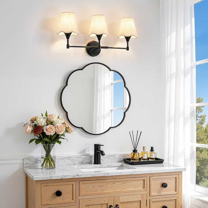 Black Bathroom Vanity Light Fixtures: 3 Light Vanity Lighting Fixtures with Flared Fabric Shade, Matte Black Bathroom Lighting Fixture over Mirror, Wall Sconce Lights for Bedroom Hallway Living Room