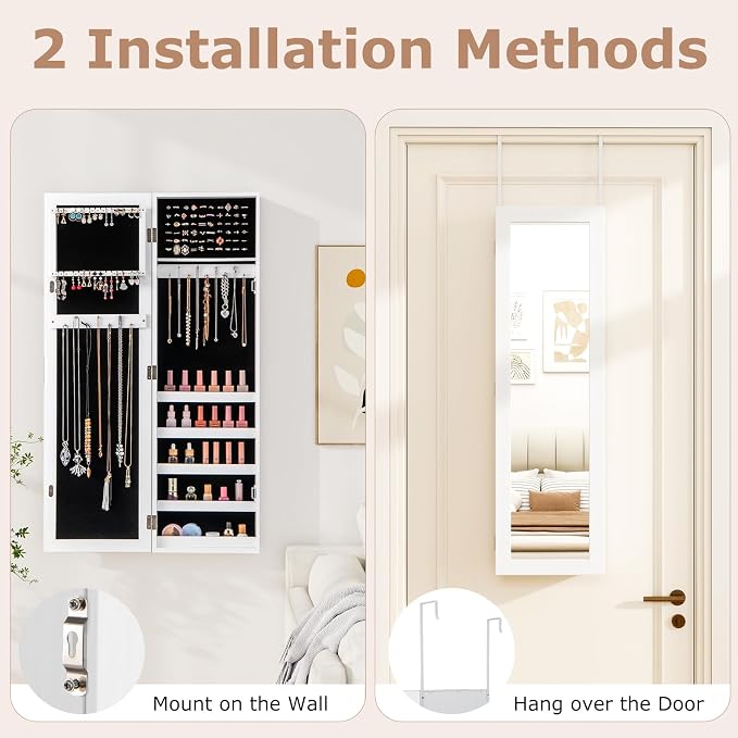 NAFORT Jewelry Armoire with Full-length Mirror,Wall Mounted Jewelry Organizer Cabinet with Make-up mirror, Height Adjustable Hanging jewelry storage mirror, Jewelry Holder, White
