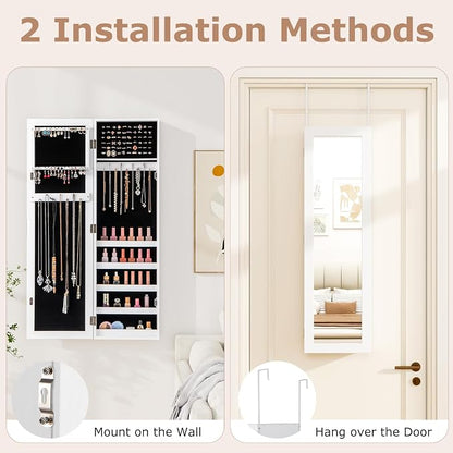 NAFORT Jewelry Armoire with Full-length Mirror,Wall Mounted Jewelry Organizer Cabinet with Make-up mirror, Height Adjustable Hanging jewelry storage mirror, Jewelry Holder, White