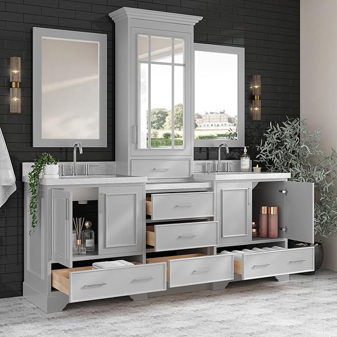 ARIEL Stafford 85 inch Bathroom Vanity Set in Grey, Double Oval Sink, 1.5" Carrara White Marble Countertops, 5 Soft Closing Doors, 6 Full Extension Dovetail Drawers, Mirror Cabinet