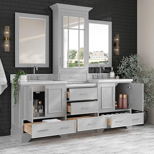 ARIEL Stafford 85 inch Bathroom Vanity Set in Grey, Double Oval Sink, 1.5" Carrara White Marble Countertops, 5 Soft Closing Doors, 6 Full Extension Dovetail Drawers, Mirror Cabinet