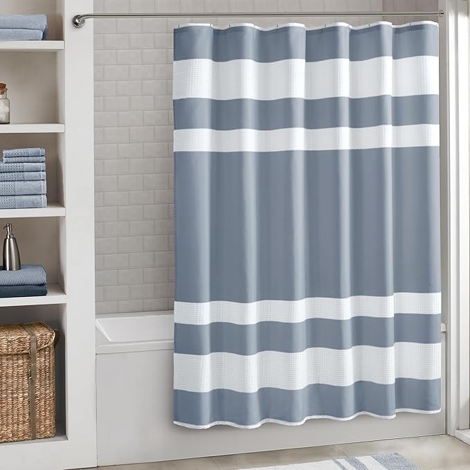 Madison Park Spa Waffle Weave Long Shower Curtain, 72 x 78, Indigo Blue | Striped, Pieced Fabric Design, 3M Scotchgard Moisture Management, Hotel Quality, Modern, for Bathroom, OEKO-TEX Certified