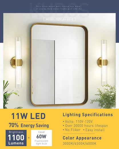kudos Brushed Gold LED Vanity Light, Clear and Frosted Glass, KDVL06-GD-2 | 11W,1100 Lumens, 3000K, 4500K and 6000K Selectable, Hardwired, for Bathroom, Bedroom and Over Mirror