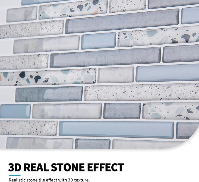 Art3d Peel and Stick Stone Wall Tile, 11.8 x 11.8 in, 10-Sheet, Light Blue | Moisture Resistant, Strong Adhesive, Sturdy, Cleanable, Easy to Install, for Kitchen, Laundry Room, Ideal for New Home Buyers