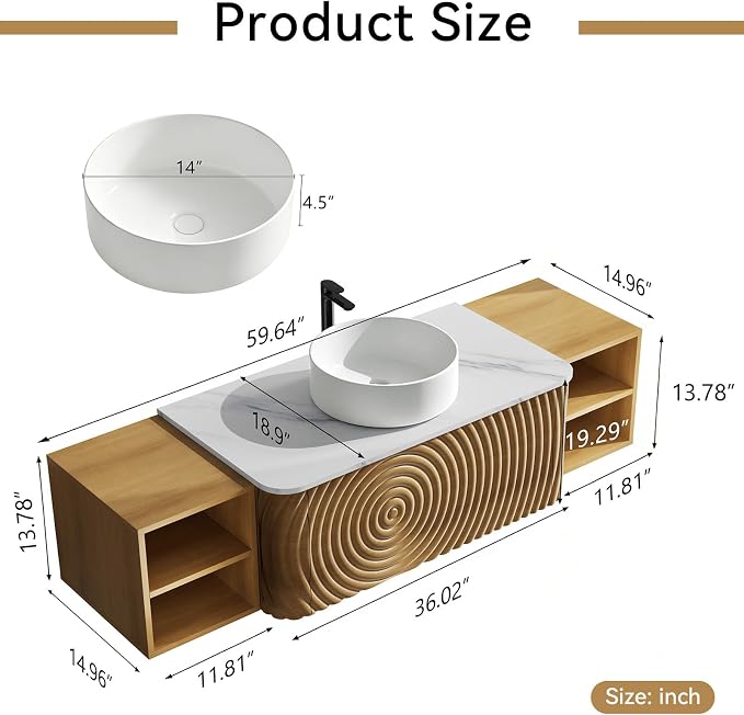 60" Floating Bathroom Vanity with Sink, Mid-Century Wall Mounted Bathroom Vanity Cabinet with Wood Waved Decor,Ceramic Vessel Basin and Sintered Stone Top, Soft Close Drawer, 2 Side Open Cube