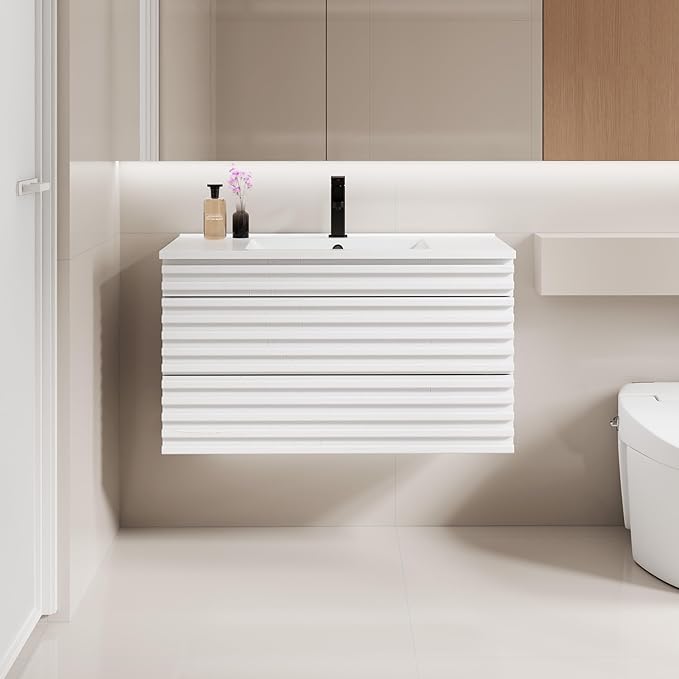 LUCKWIND 36" Floating Bathroom Vanity with Sink, Mid-Century Wall Mounted Big Drawer Cabinet with Large Sink, Water Saving Faucet and Wood Stripes Style, White