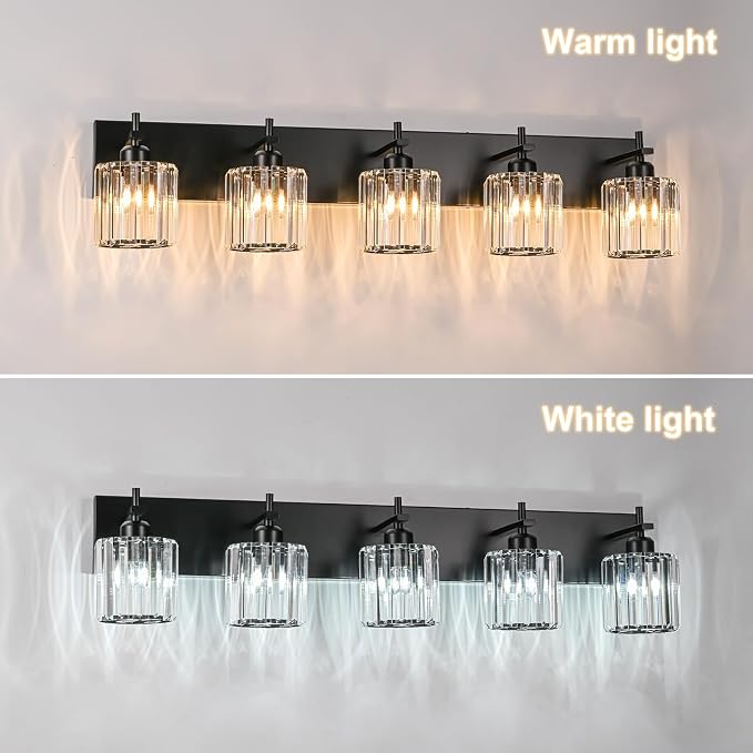 Black Crystal Bathroom Vanity Lights, Modern 5-Lights Bathroom Lighting Fixtures Over Mirror, Crystal Wall Lighting with Round Shade