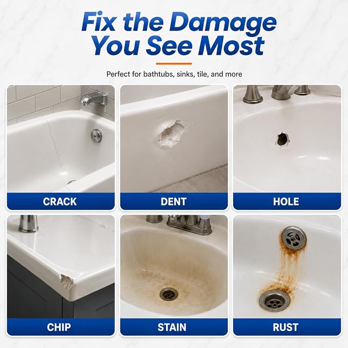 Porcelain Repair Kit White, High-Gloss Chipped Sink, Tub & Tile Repair Kit | Fix Sinks Chips, Tile Crack, Hole, Super Bond Porcelain Sink Repair Kit & Tile Paste Epoxy Putty, Trim & Repair Kits