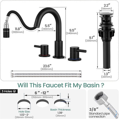 Matte Black Pull Down Bathroom Faucet 3 Hole with Pop Up Drain, Bathroom Sink Faucet with Pull Down Sprayer 2 Modes, 8 inch Widespread Gold Faucet for Bathroom Sink, 2 Handle Vanity Faucet