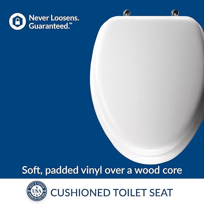 Mayfair Padded Toilet Seat with Chrome Hinges, Soft Vinyl over Wood Core Seat, Made in USA, Elongated, White