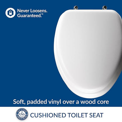 Mayfair Padded Toilet Seat with Chrome Hinges, Soft Vinyl over Wood Core Seat, Made in USA, Elongated, White
