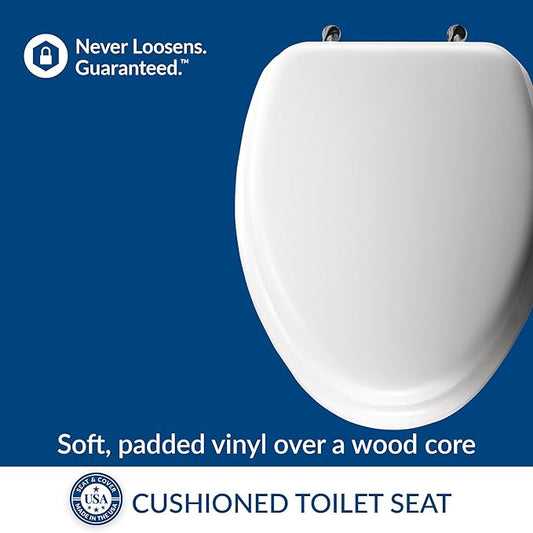 Mayfair Padded Toilet Seat with Chrome Hinges, Soft Vinyl over Wood Core Seat, Made in USA, Elongated, White