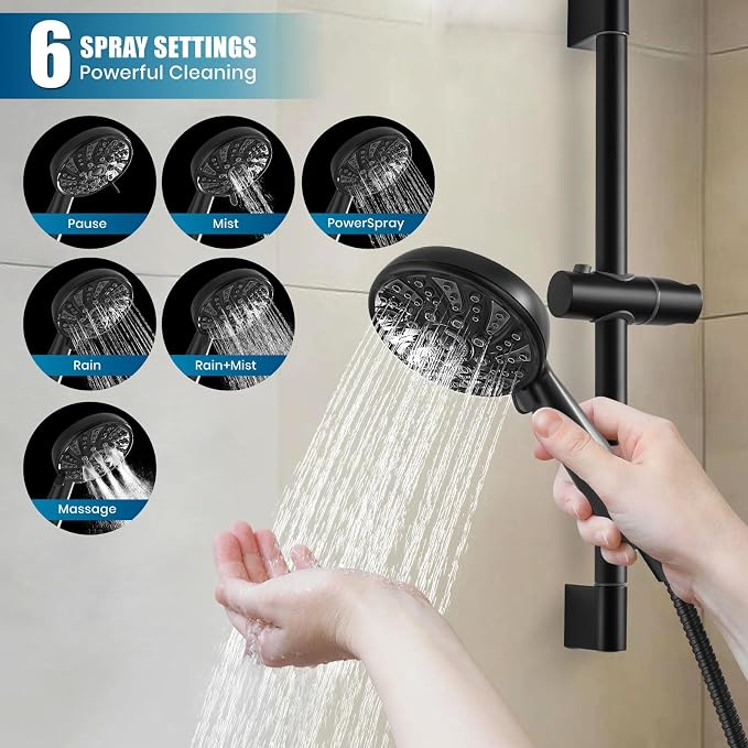 gotonovo Slide Bar Shower System Faucet Set Complete,Matte Black,10 Inch | Rain Round Shower Head with 6-Modes Handheld Spray,Valve and Trim Kit Included,Bathroom Wall Mount,All Metal,2-In-1 Diverter