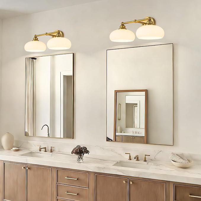 Bathroom Light Fixtures Over Mirror Vintage Gold Vanity Lighting Fixtures | Double Arm Vanity Lighting Fixtures 2 Light Antique Wall Light Fixture with Glossy Milk White Glass Shade for Bathroom