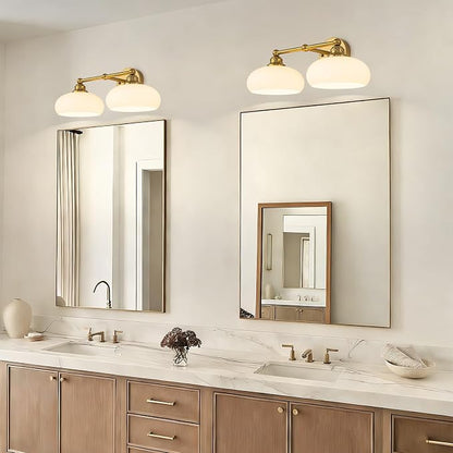 Bathroom Light Fixtures Over Mirror Vintage Gold Vanity Lighting Fixtures | Double Arm Vanity Lighting Fixtures 2 Light Antique Wall Light Fixture with Glossy Milk White Glass Shade for Bathroom