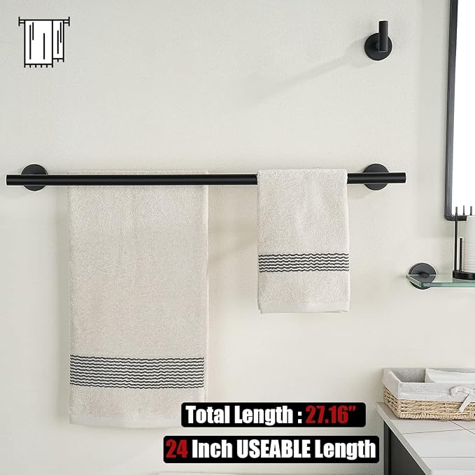 JQK Double Towel Bar 27 Inch, Matte Black Useable Length 24 Inch 304 Stainless Steel Thicken 0.8mm Bath Towel Rack for Bathroom, Towel Holder Wall Mount 2 Pack, TB100L24-PB-P2