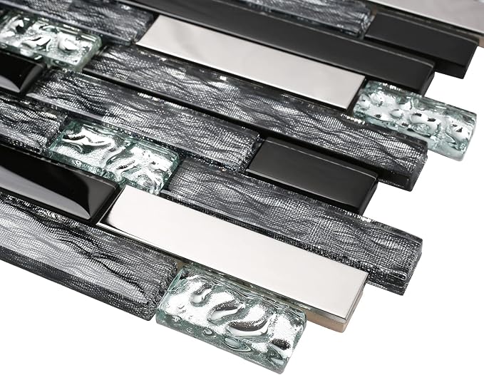 Glass Metal Tiles Art Mosaic Silk Black Crystal Glass Chrome Silver Steel Accent Wall Border Kitchen Bath Backsplash Tile TSTNB12 (5 Square Feet)