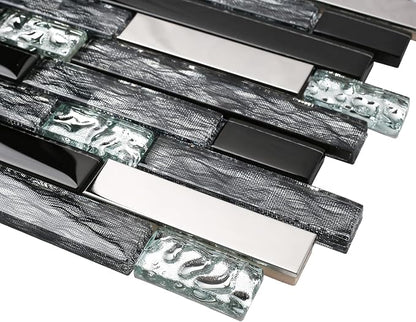 Glass Metal Tiles Art Mosaic Silk Black Crystal Glass Chrome Silver Steel Accent Wall Border Kitchen Bath Backsplash Tile TSTNB12 (5 Square Feet)