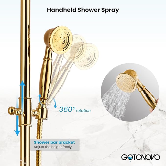 gotonovo Exposed Bathroom Shower Faucet Wall Mounted Shower System 8 Inch Shower Head and Tub Spout Double Cross Handles Adjustable Handheld Sprayer Curved Pipe Polished Gold