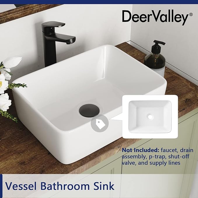 DeerValley Liberty 16x12 Inch Rectangular Vessel Sink, White Ceramic Above Counter Bathroom Basin, DV-1V0048