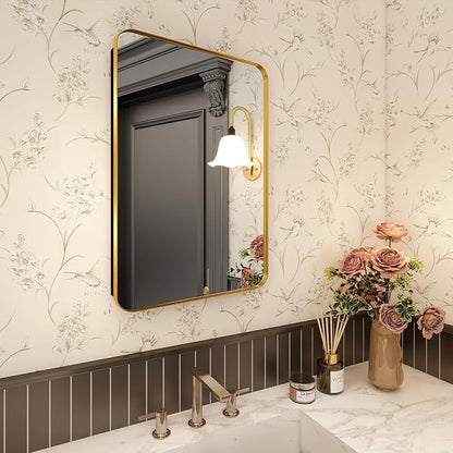 20x28 in Brushed Gold Medicine Cabinet with Mirror for Bathroom | Fully Assembled; Recessed or Surface Wall Mount; Metal Cabinet with Tempered Glass Mirror and Two Adjustable Glass Shelves