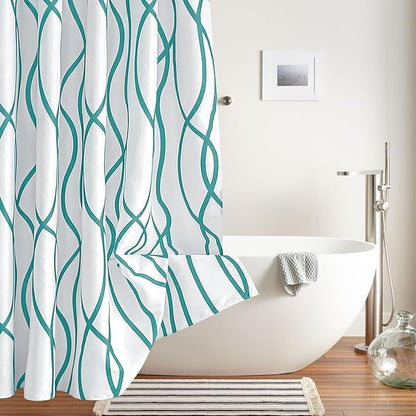 Fabric Modern Extra Long Shower Curtains for Bathroom-Turquoise and White | 72"W x 84"L Textured Faux Linen Luxury Hotel Quality Washable-Abstract Wavy Cloth Bath Curtain-Apartment Minimalist Decor