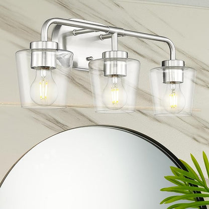 Bathroom Light Fixtures, 3-Light Brushed Nickel Vanity Lights Over Mirror with Clear Glass, Modern Vanity Lighting Fixtures, AD-22004-3W-SN-C