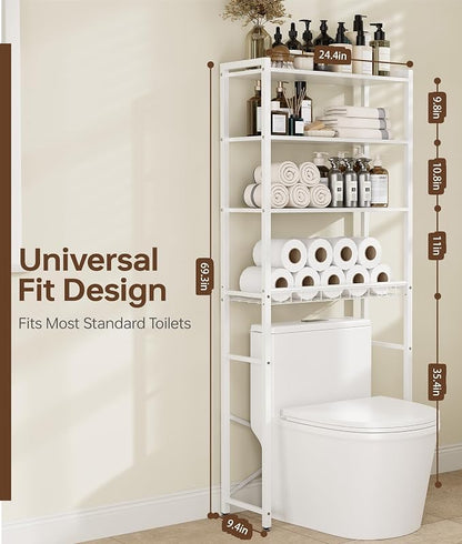 4-Tier Over-the-Toilet Storage Rack with One-Piece Wooden Shelves & Open Net Basket, Bathroom Organizer with Adjustable Feet & Anti-Tip Kit, Space-Saving Toilet Shelf, White, 24.4" x 9.4" x 69.3"