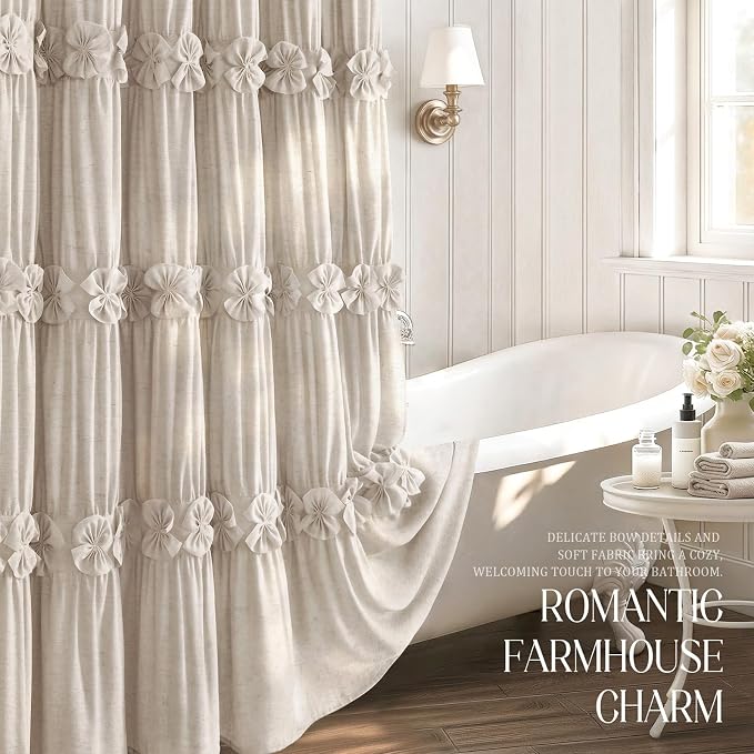 Ruffle Farmhouse Linen Shower Curtain with Vintage Bow Beige 72" W x 72" H | Linen Blend Fabric, Ruffle Bow and Ruffled Hem，Linen Texture，Machine Washable，12 Metal Holes and Plastic Hooks