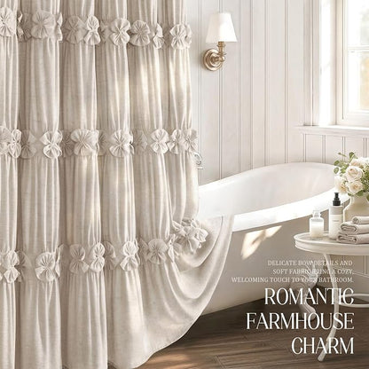 Ruffle Farmhouse Linen Shower Curtain with Vintage Bow Beige 72" W x 72" H | Linen Blend Fabric, Ruffle Bow and Ruffled Hem，Linen Texture，Machine Washable，12 Metal Holes and Plastic Hooks