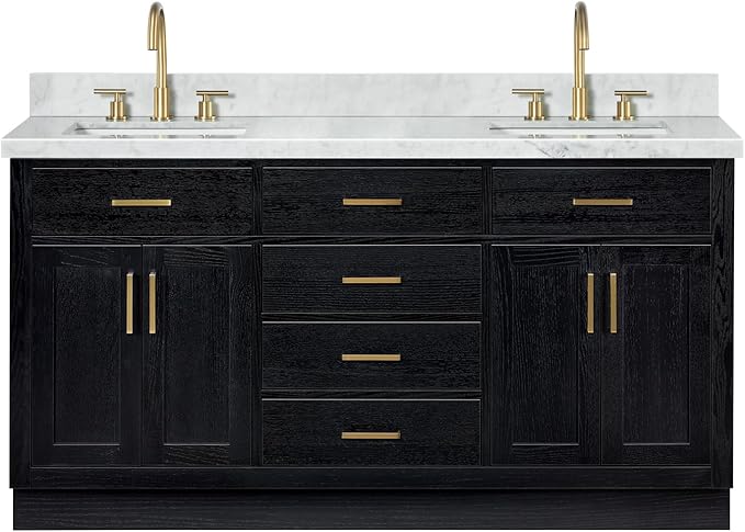 ARIEL Hepburn 66-inch Bathroom Vanity with Sink,Solid Wood, 1.5-inch Italian Carrara Marble Countertop, Double Rectangular Porcelain Sink, 4 Soft Closing Doors, 6 Dovetail Drawers, Black Oak