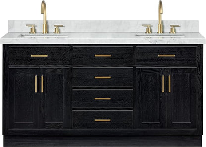 ARIEL Hepburn 66-inch Bathroom Vanity with Sink,Solid Wood, 1.5-inch Italian Carrara Marble Countertop, Double Rectangular Porcelain Sink, 4 Soft Closing Doors, 6 Dovetail Drawers, Black Oak