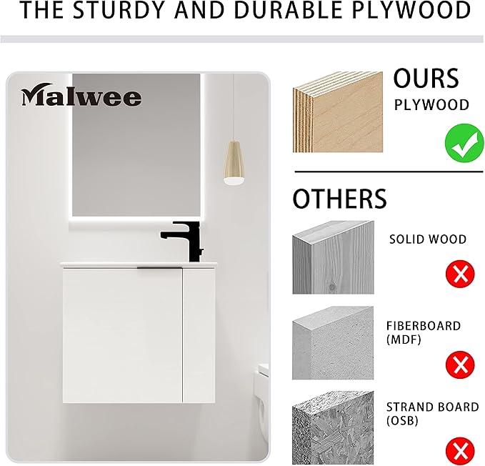 Malwee 22" Floating Bathroom Vanity with Sink, 22 Inch Single Sink Wall Mounted Bathroom Vanity, with 1 Door and White Ceramic Basin Top for Small Space, Plywood Cabinet Storage(002-22)