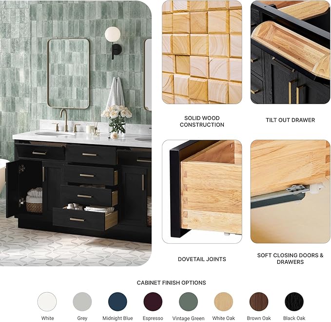 ARIEL Hepburn 66-inch Bathroom Vanity with Sink,Solid Wood, 1.5-inch Italian Carrara Marble Countertop & Backsplash, Double Oval Porcelain Sink, 4 Soft Closing Doors, 6 Dovetail Drawers, Black Oak