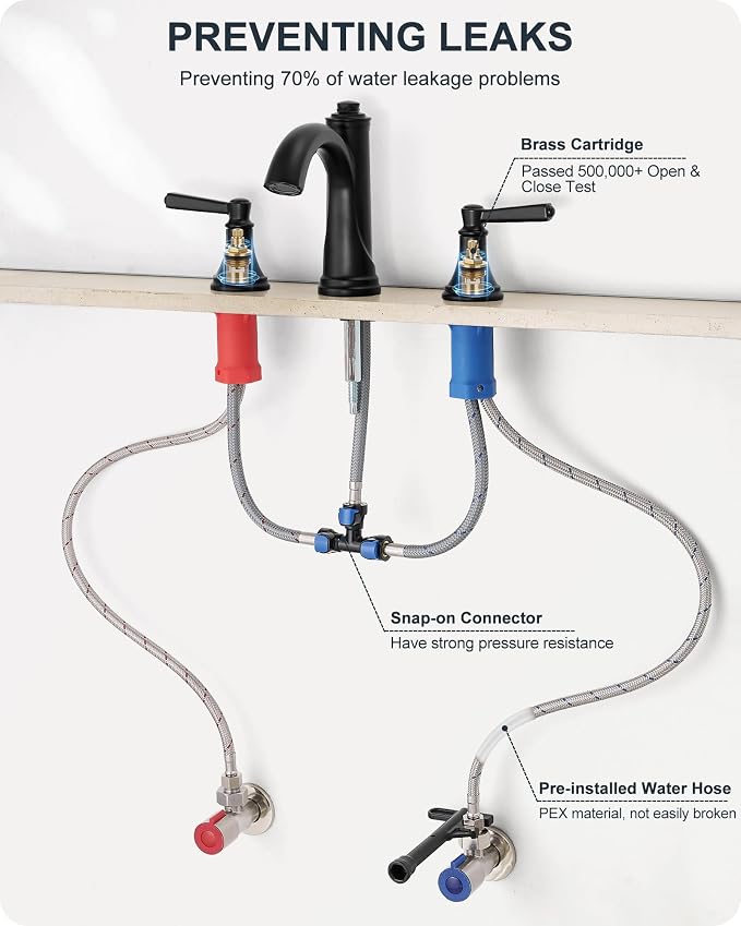 Bathroom Sink Faucet 3 Hole, Black Bathroom Faucet 8 Inch 2 Handles | Lead-Free Brass, Widespread Style, Pop-Up Drain, Pre-installed cUPC Water Hose, 10 Mins Install, For Lavatory Vanity Restroom