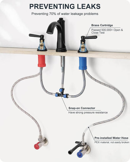 Bathroom Sink Faucet 3 Hole, Black Bathroom Faucet 8 Inch 2 Handles | Lead-Free Brass, Widespread Style, Pop-Up Drain, Pre-installed cUPC Water Hose, 10 Mins Install, For Lavatory Vanity Restroom