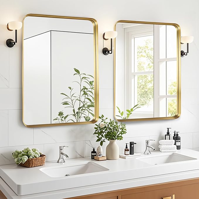 Fabuday Bathroom Mirror 28x36 Inch - Gold Bathroom Mirrors Over Sink, Brushed Metal Frame Wall Mirror for Entryway Modern Farmhouse Decor, Horizontal or Vertical Hanging