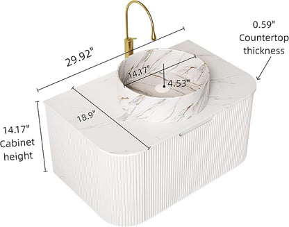 30'' Floating Vanity with Sink Combo, Modern Wall-Mounted Curved Edges Striped Bathroom Storage Cabinet with Soft-Close Drawer and White Stone Pattern Basin, White