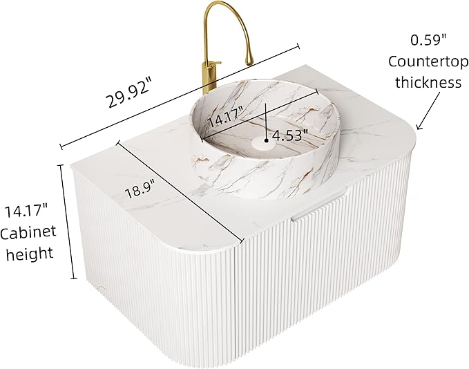 30'' Bathroom Vanities Cabinet with Sink Combo, Wall Mounted Floating Cabinet W/Curved Edges Stripes, Oak Plywood, Soft-Close System with a Drawer, White Round Ceramic Basin - Kiel, White/S