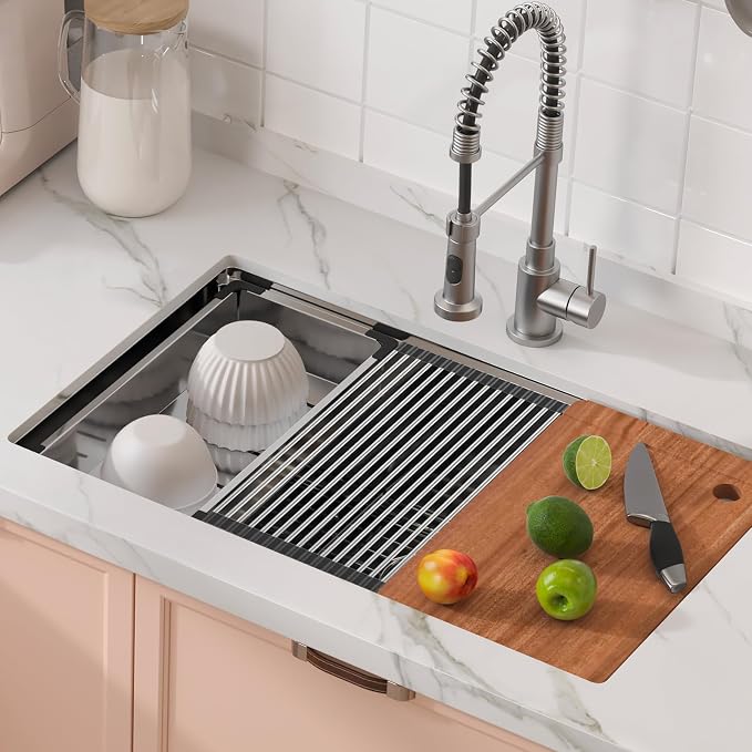 VEVOR 30 inch Kitchen Single Sink, 304 Stainless Steel Undermount Sink Drop-In Single Bowl Farmhouse Basin with Ledge & Multiple Accessories, Household Dishwasher Sinks for Prep Kitchen, Bar 30"*19"