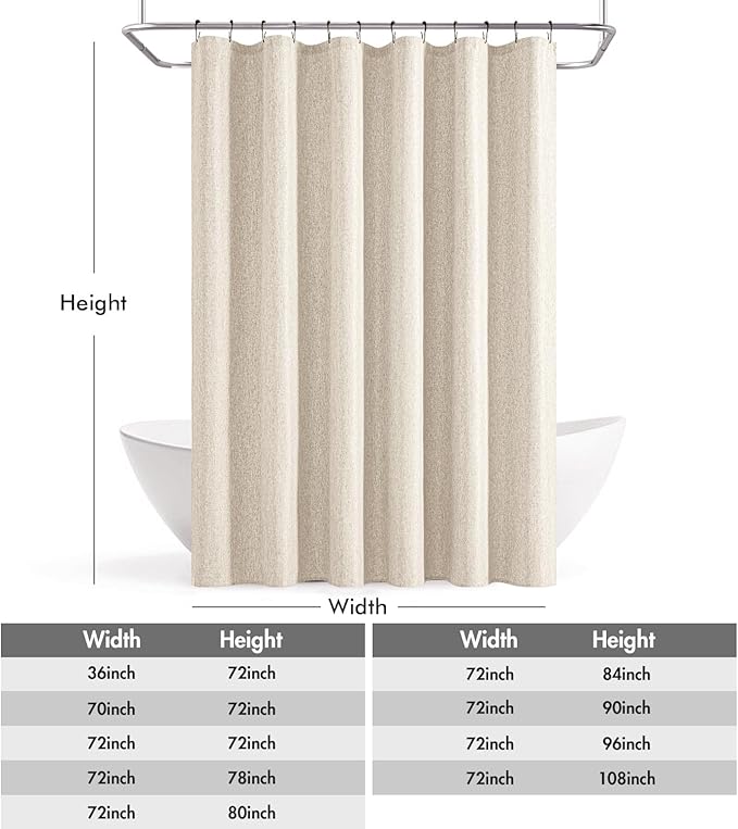 ANRODUO Cream Beige Extra Long Linen Fabric Shower Curtain Set - W72xL108 | Farmhouse Shower Curtain with 12 Metal Hooks, Waterproof Heavy Duty, Button Hole Design, Machine Washable for Bathroom