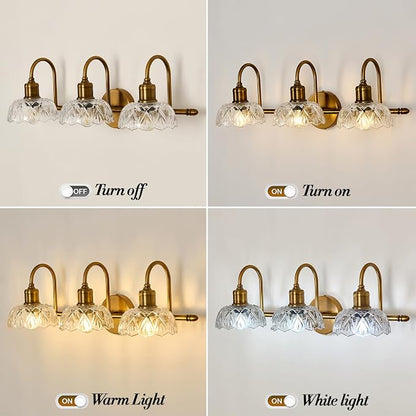 UOFUS Gold Vintage Vanity Light 3 Lights Bathroom Lighting Fixtures Over Mirror with Clear Glass Shade